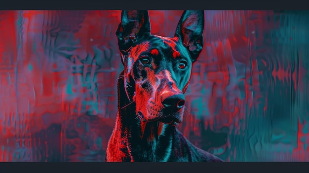 Photo a doberman pinscher dog portrait with a red and blue glitch art background it symbolizes techn