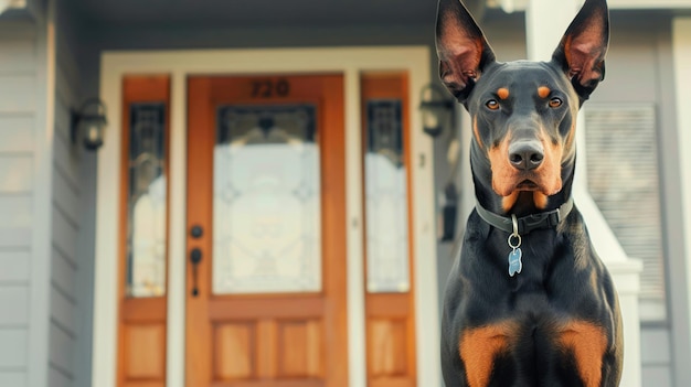 Doberman Pinscher Dog Sitting In Front Of A House