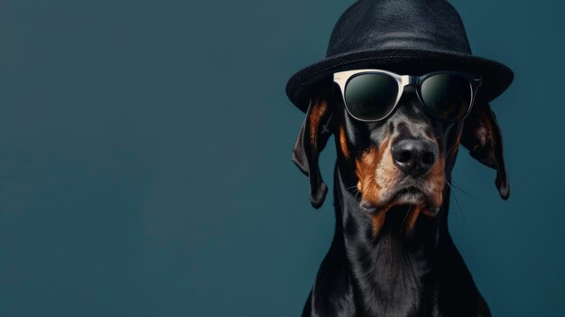 A Doberman Pinscher dog wearing sunglasses and a fedora looks cool and stylish