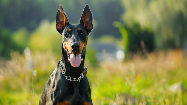 Doberman Pinscher in a Green Field