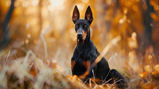 Doberman Pinscher Sitting in the Autumn Forest