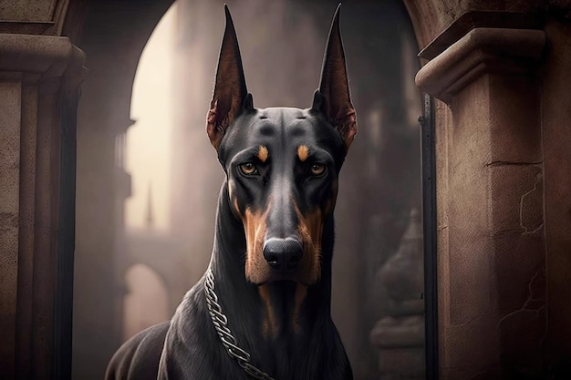 Doberman pinscher standing guard with its ears and eyes alert created with generative ai