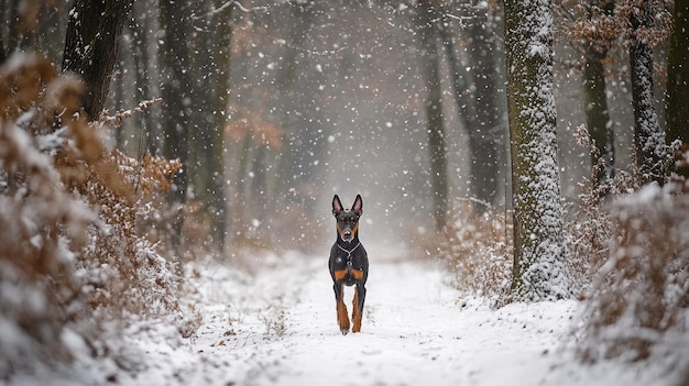 A Doberman running through a snowy forest path surrounded by falling snowflakes