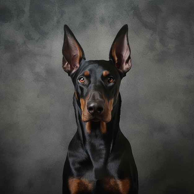 A doberman sits on a tile floor with the back turned to the left