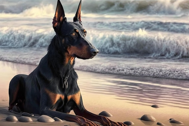 Doberman sitting on the beach with waves crashing behind created with generative ai