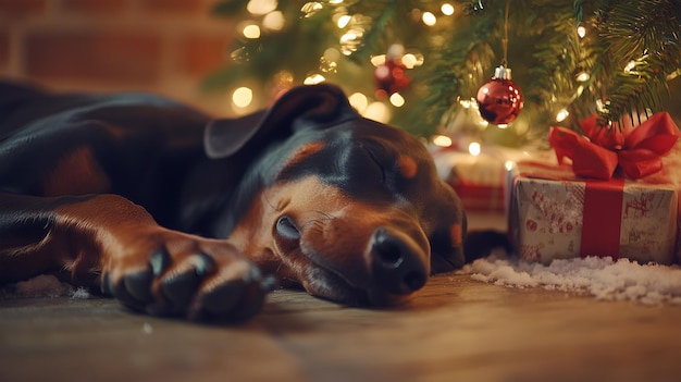 A Doberman sleeps peacefully beside a decorated Christmas tree and presents