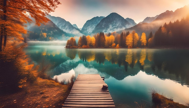 a dock in front of a mountain lake with a dock and a dock in the middle