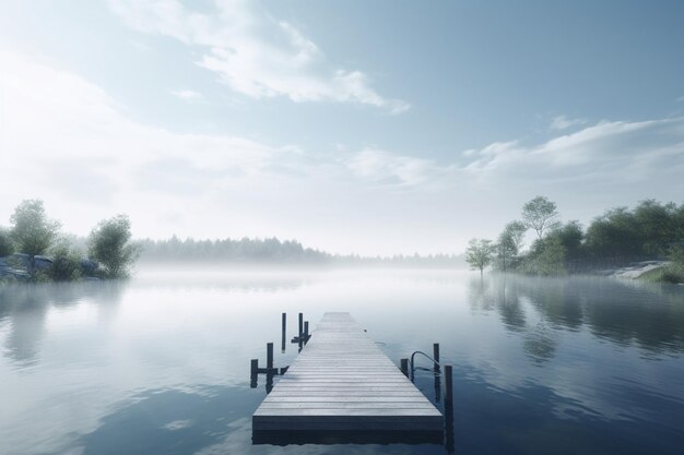 A dock on a lake with a blue sky and trees in the background.