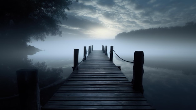 A dock on a lake with a foggy sky