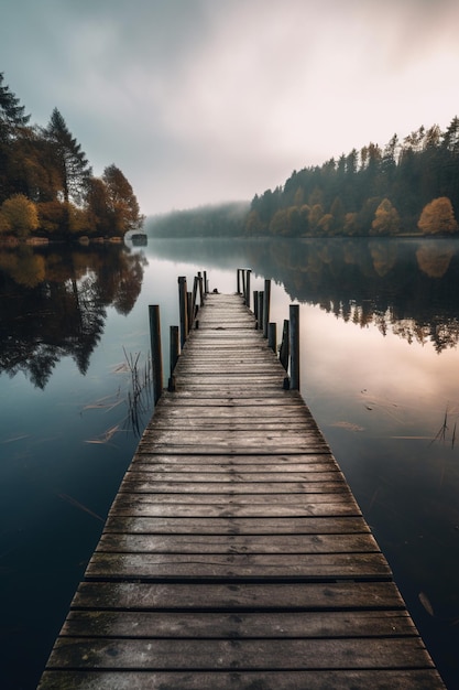 A dock on a lake with a reflection of trees and a lake in the background