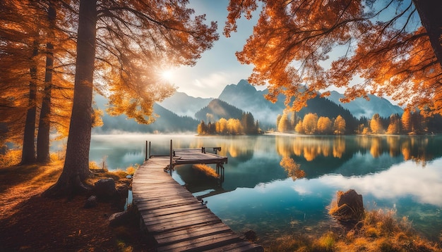 a dock in the mountains with a beautiful sunrise on the water