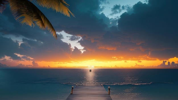 A dock on a tropical beach with a sunset in the background.