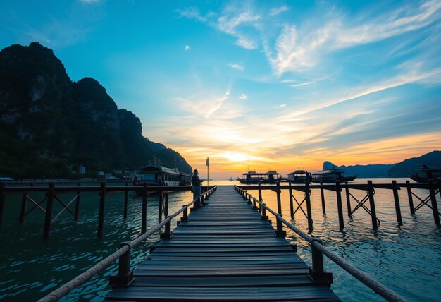 a dock with a boat and a bridge in the background