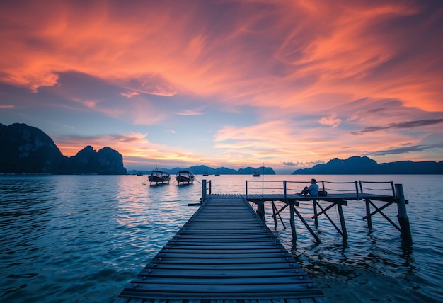 Photo a dock with a boat and a man sitting on it