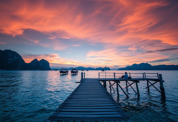 Photo a dock with a boat and a man sitting on it