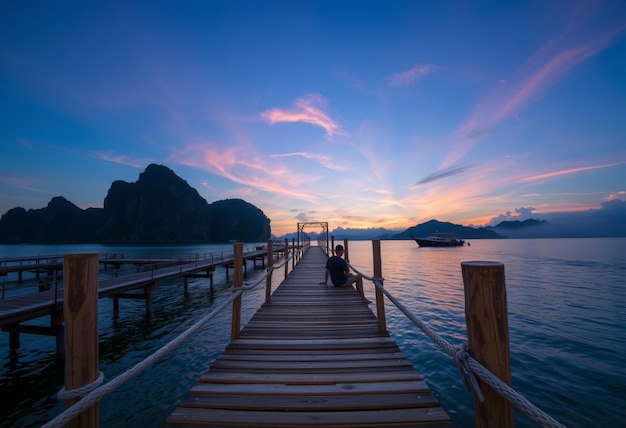 a dock with a boat and a mountain in the background