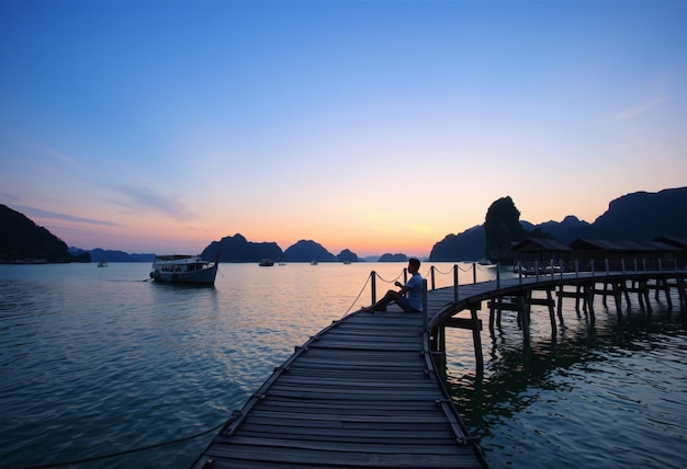 a dock with a boat and a sign saying  island  on the water