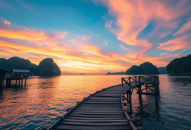 Photo a dock with a boat and a sunset in the background