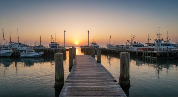 Photo a dock with a boat and a sunset in the background