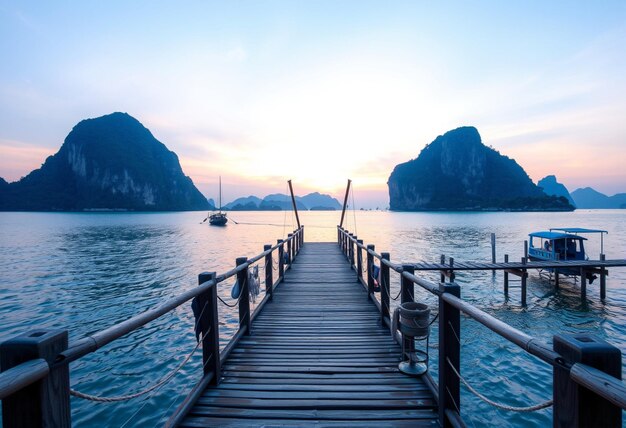 a dock with a boat in the water and mountains in the background