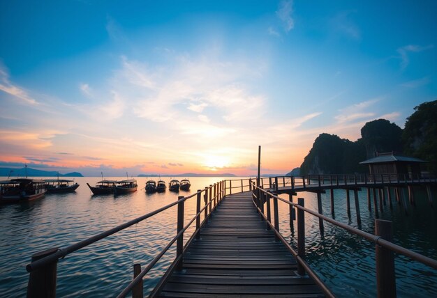 a dock with boats and a sunset in the background