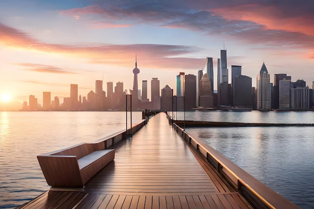 A dock with a city skyline in the background