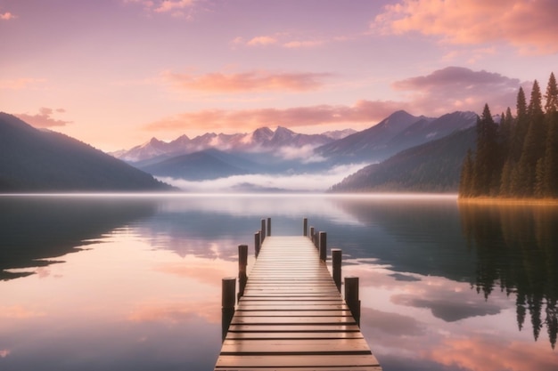 a dock with a dock and mountains in the background