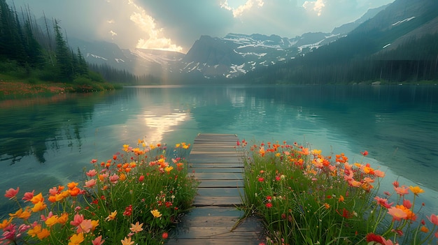 Photo a dock with flowers and a lake in the background