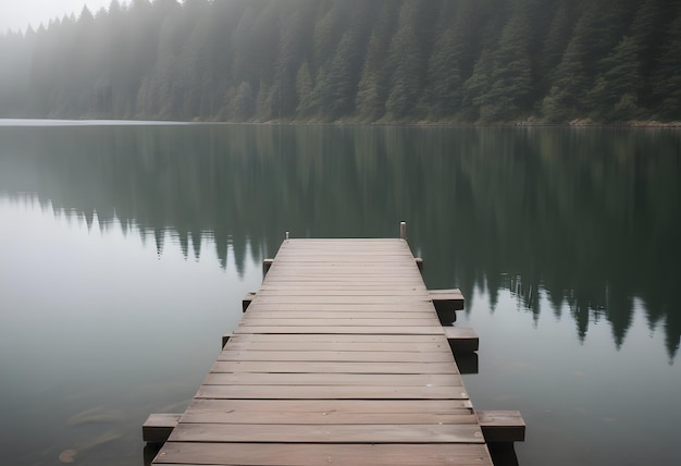 a dock with a lake in the background and a mountain in the background