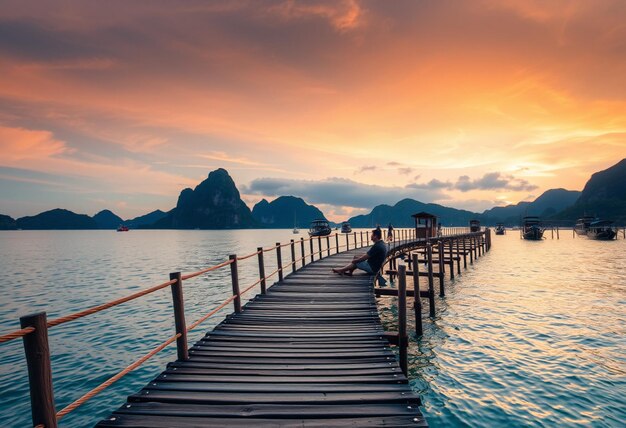 a dock with a man sitting on it and a mountain in the background