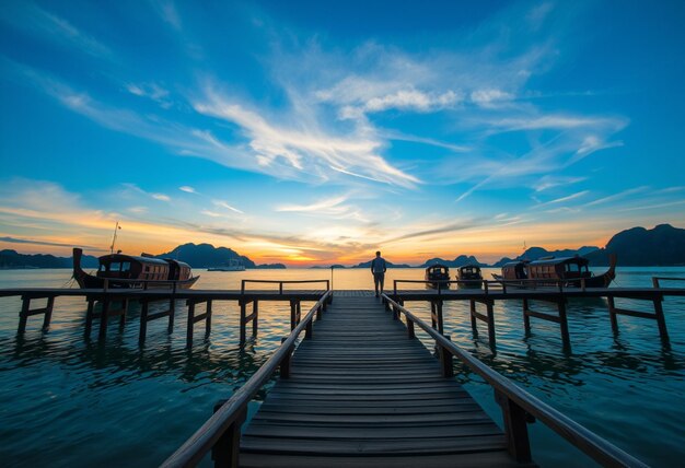 a dock with a man standing on it and a boat on the water with a dock in the background