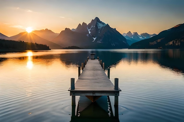 A dock with a mountain in the background and a dock in the background.