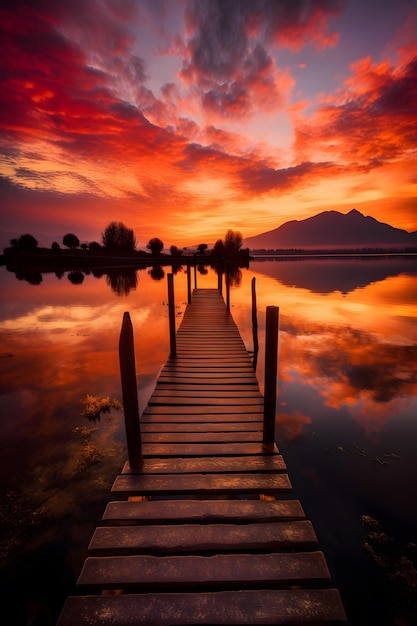 A dock with a red sky and the sun is shining on it.