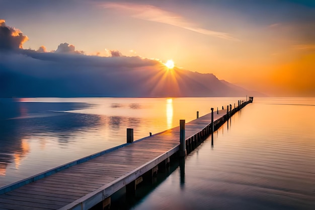 a dock with a sunset in the background and a dock in the water