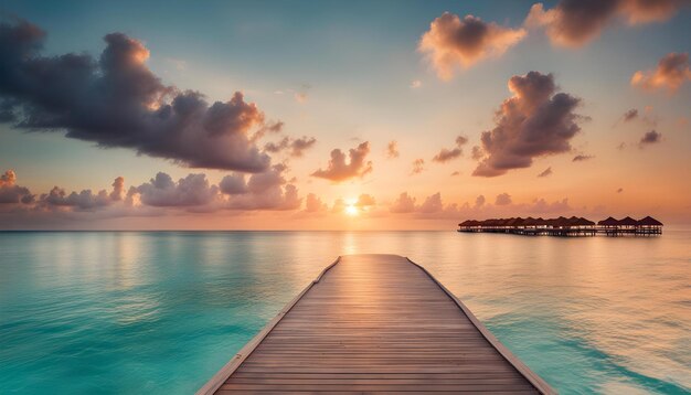 a dock with a sunset in the background