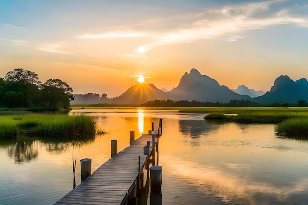 A dock with a sunset in the background