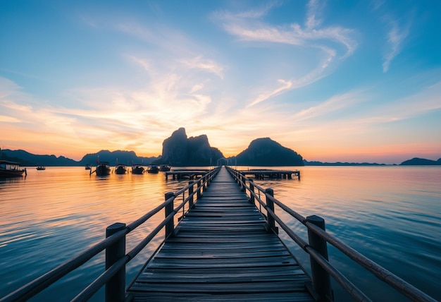 a dock with a sunset and mountains in the background