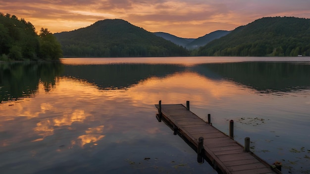 a dock with a sunset on the water and mountains in the background