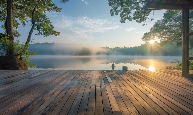 Photo a dock with a view of the lake and the sun setting behind it