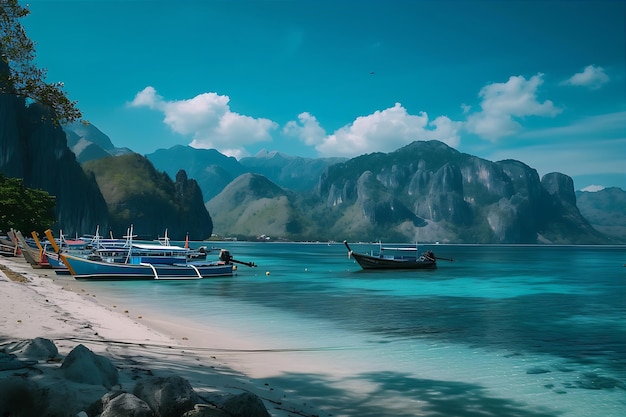 Docked Boats on Blue Beach Near Mountains