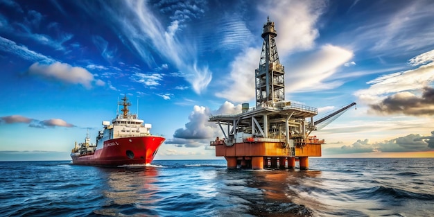 docked exploration equipment energy worm39s eye view A stock photo of a supply vessel positioned next to a drilling rig captured from a worm s eye view