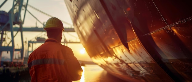 Dockworker contemplating sunset by the ship with a sense of purpose