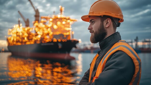 Photo a dockworker in safety gear watches as a freighter is loaded illuminated by warm lights amidst the evening dusk