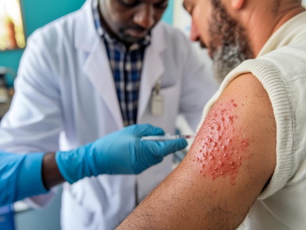 Photo doctor administering injection to patient with skin rash