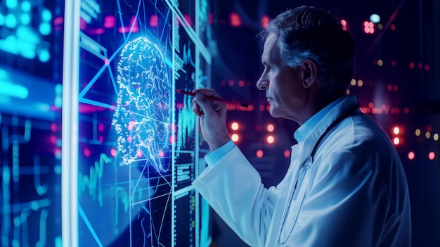 A doctor analyzes a digital brain scan on a futuristic datafilled screen showing medical and scientific information