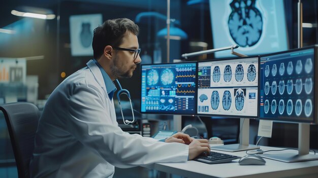 A doctor analyzes medical images on a computer in a hospital