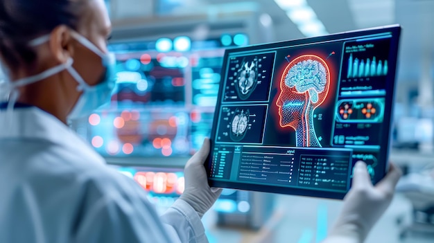 Doctor Analyzing Digital Brain Scan Data on Advanced Medical Display