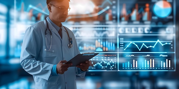 Photo doctor analyzing healthcare data with virtual financial graphs