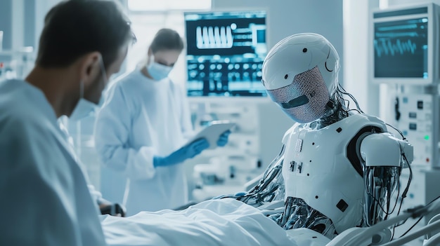 Photo a doctor assists a robot patient in a modern medical facility with advanced