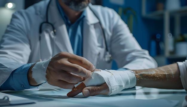 Photo doctor bandaging patients burned hand at table closeup